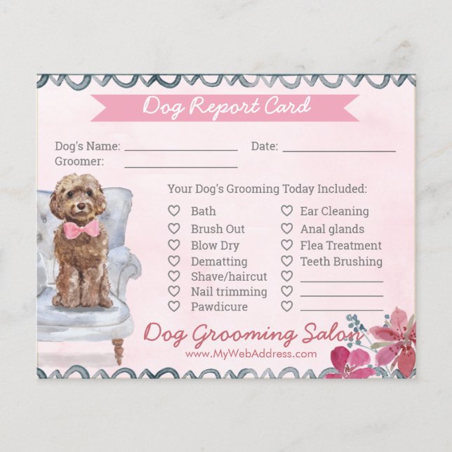 Pink and Blue Floral Dog Grooming Report Card Flyer (Front)