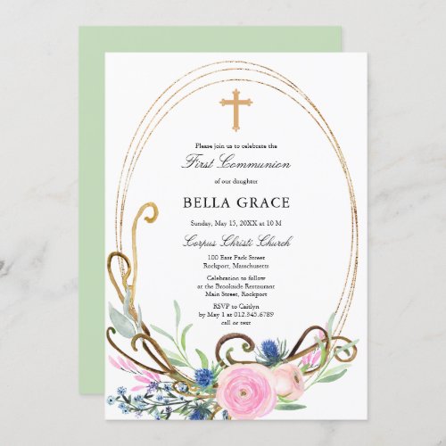 Pink and Blue Floral First Holy Communion Invitation
