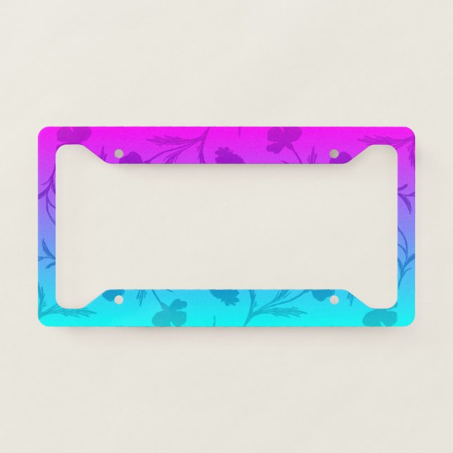 Pink and Blue Floral Gradient - Boho Girly Bold License Plate Frame (Front)