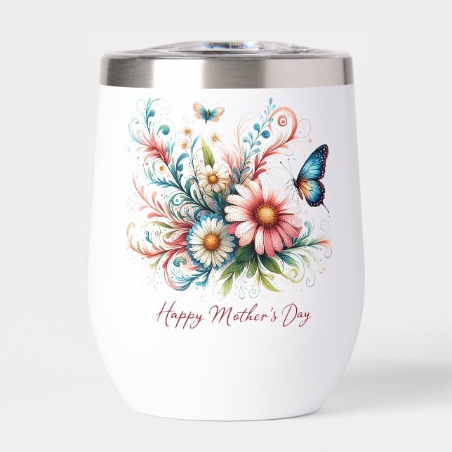 Pink and blue floral Happy Mother's Day Thermal Wine Tumbler (Front)