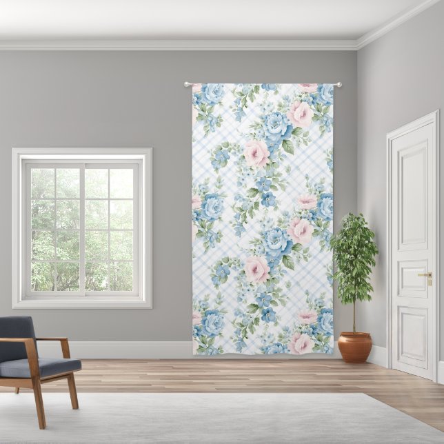 Pink And Blue Floral On A Blue Trellis Curtain (Wide)