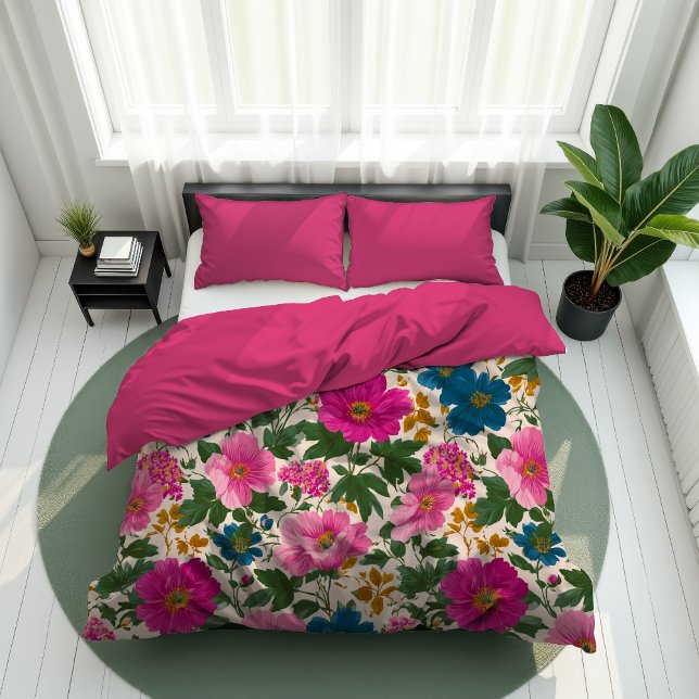 Pink and Blue Floral on Cream Duvet Cover (Creator Uploaded)