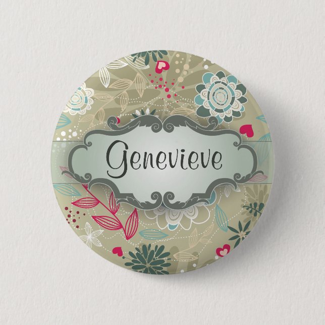 Pink and Blue Floral on Tan with Nameplate Pinback Button (Front)