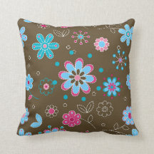 Pink and Blue Floral Pattern Brown Throw Pillow