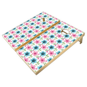 Pink and blue floral pattern cornhole set
