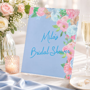pink and blue floral pedestal sign