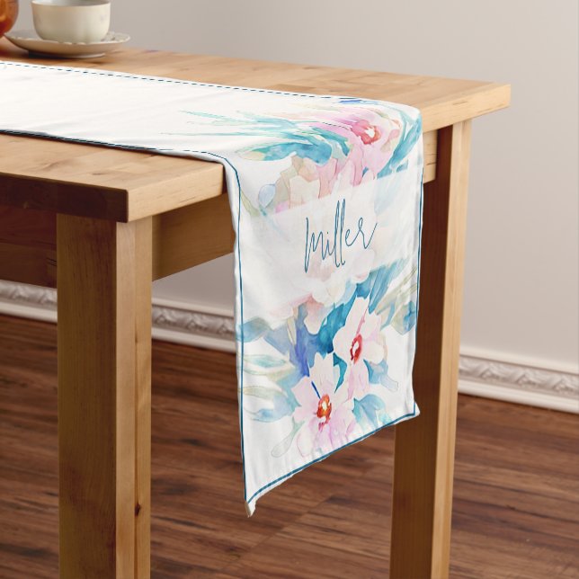 Pink and blue floral personalized medium table runner (In Situ)