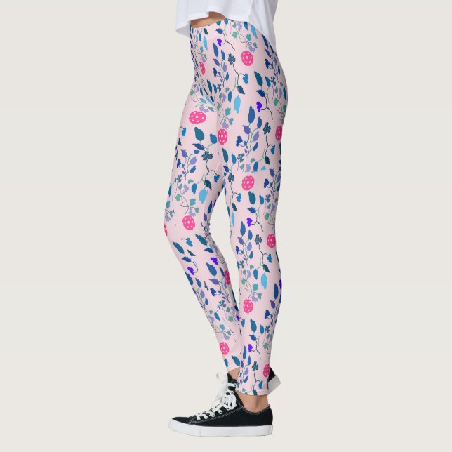 Pink and Blue Floral Pickleball Player Pattern Leggings (Left)