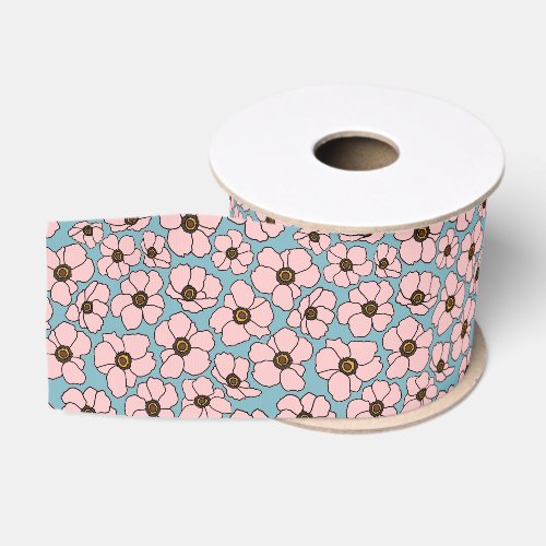 Pink And Blue Floral Print Grosgrain Ribbon