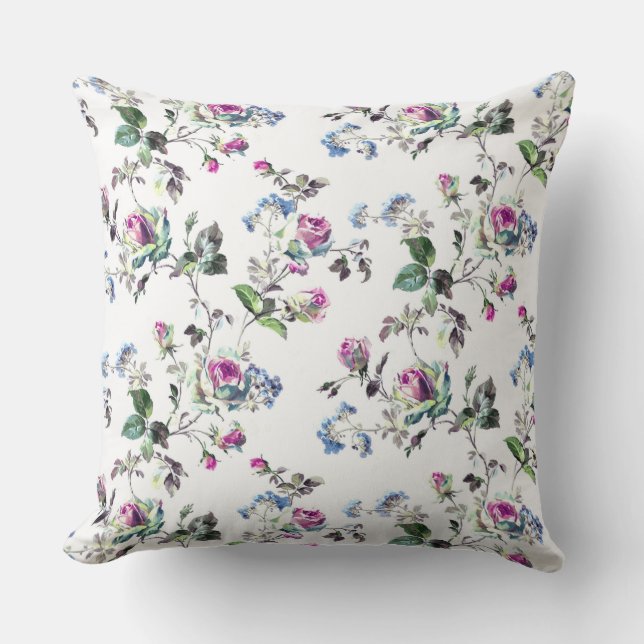 Pink and Blue Floral Rose Outdoor Pillow (Front)