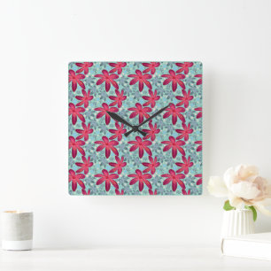 Pink and Blue Floral Seamless Pattern Square Wall Clock