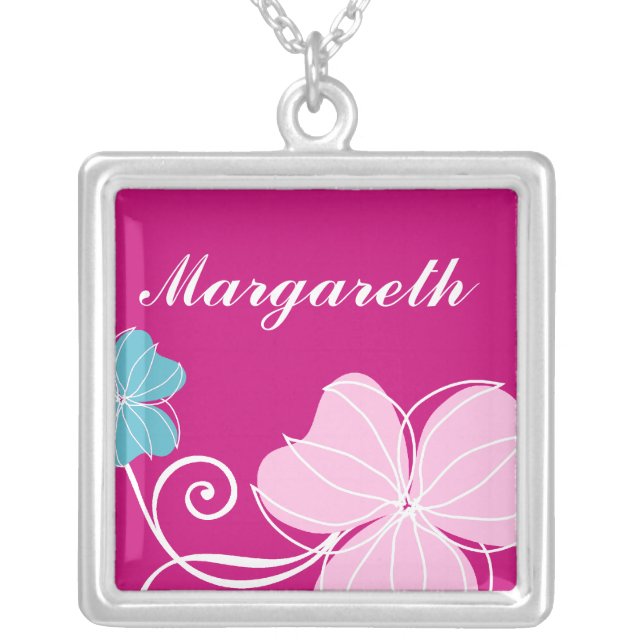 Pink and Blue Floral Silver Plated Necklace (Front)