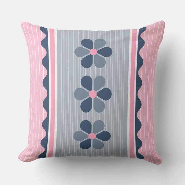 Pink and Blue Floral Stripe Throw Pillow (Front)