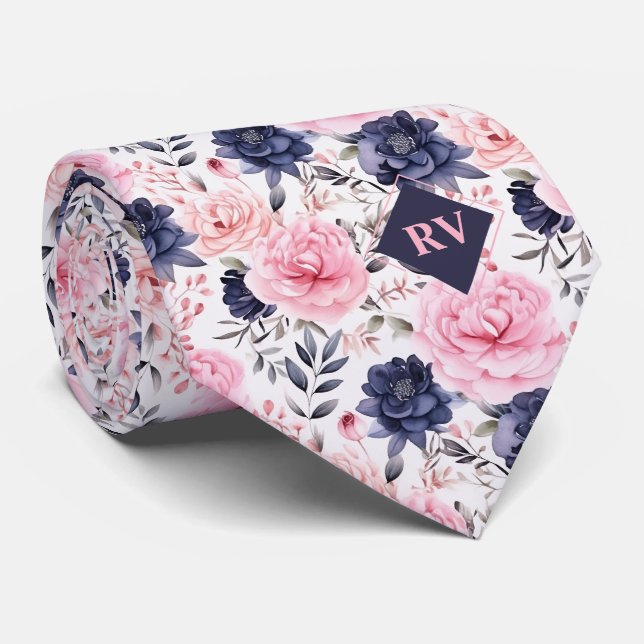 Pink and Blue Floral Watercolor Neck Tie (Rolled)