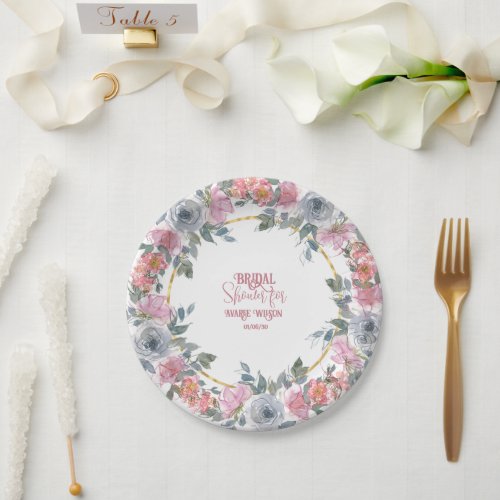Pink and Blue Floral Watercolor Wreath Shower Paper Plates