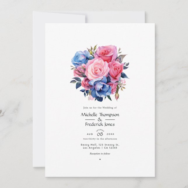 Pink and Blue Floral Wedding Invitation (Front)