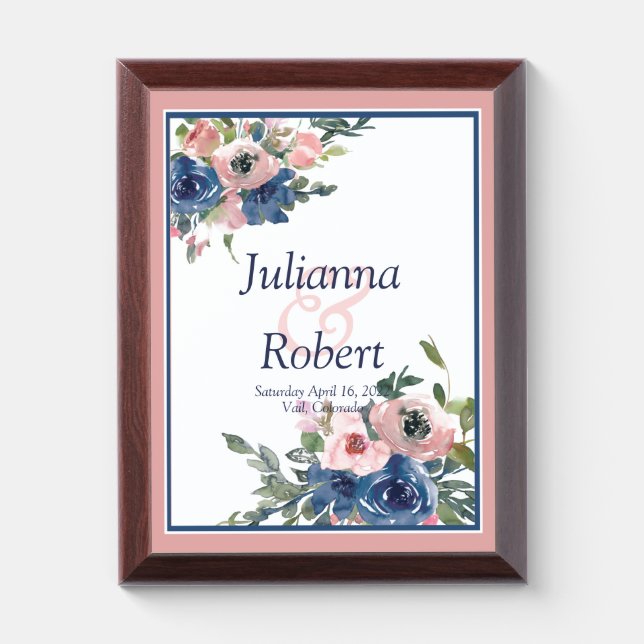 Pink and blue floral wedding memory Plaque (Vertical)