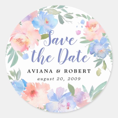 Pink and Blue Floral Wedding Save the Date Classic Round Sticker