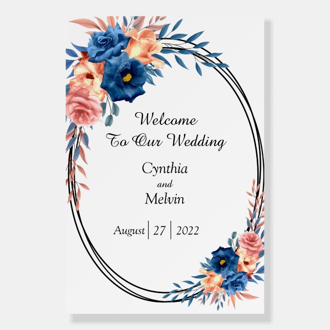 Pink and Blue Floral Wedding Welcome Sign (Front)