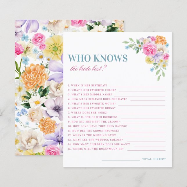 Pink and Blue Floral Who Knows the Bride Best Game (Front/Back)