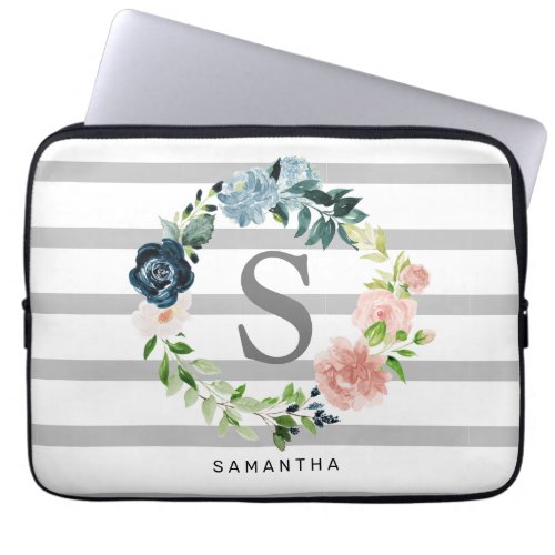 Pink and Blue Floral Wreath Add Your Monogram Gray Laptop Sleeve