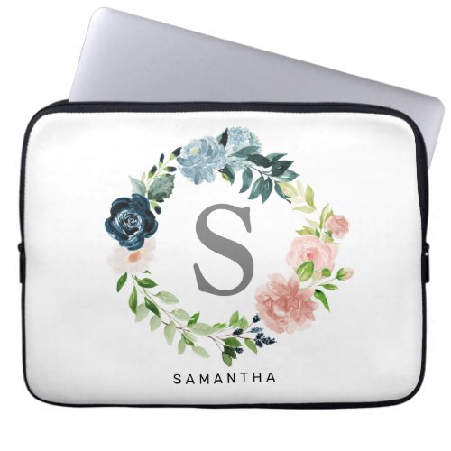 Pink and Blue Floral Wreath Add Your Monogrammed Laptop Sleeve