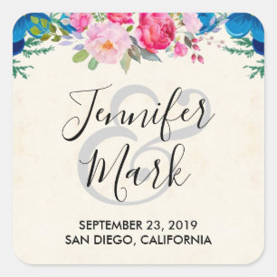 Pink and Blue Flower Border Wedding Square Sticker