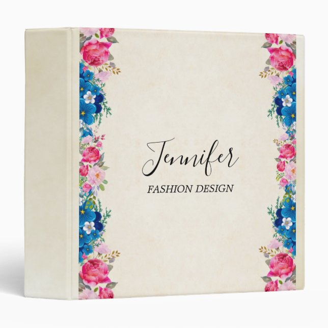 Pink and Blue Flower Frame Fancy 3 Ring Binder (Front/Spine)