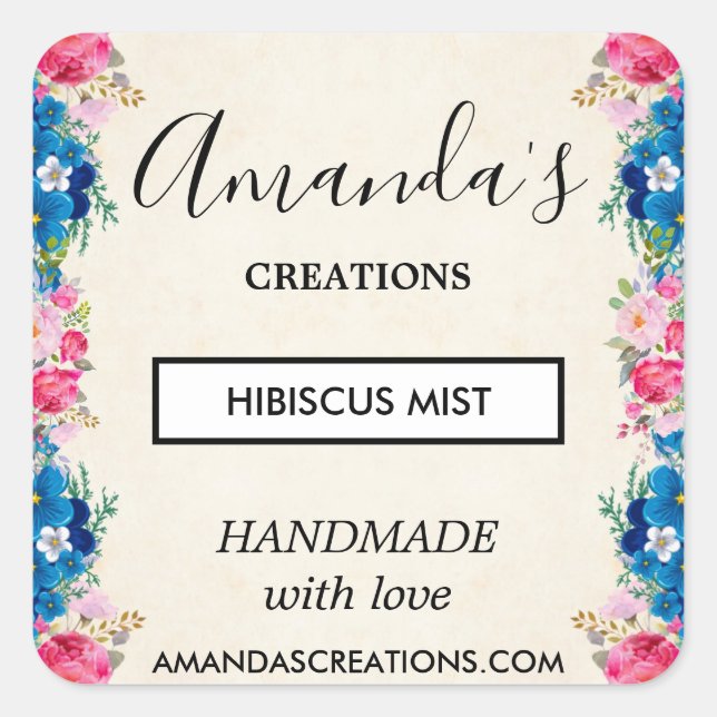 Pink and Blue Flower Frame Fancy Business Square Sticker (Front)