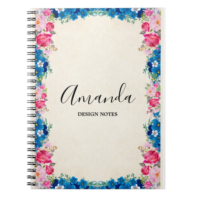 Pink and Blue Flower Frame Fancy Notebook (Front)
