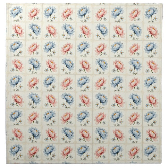 Pink and Blue Flower Squares Cloth Napkin (Front)