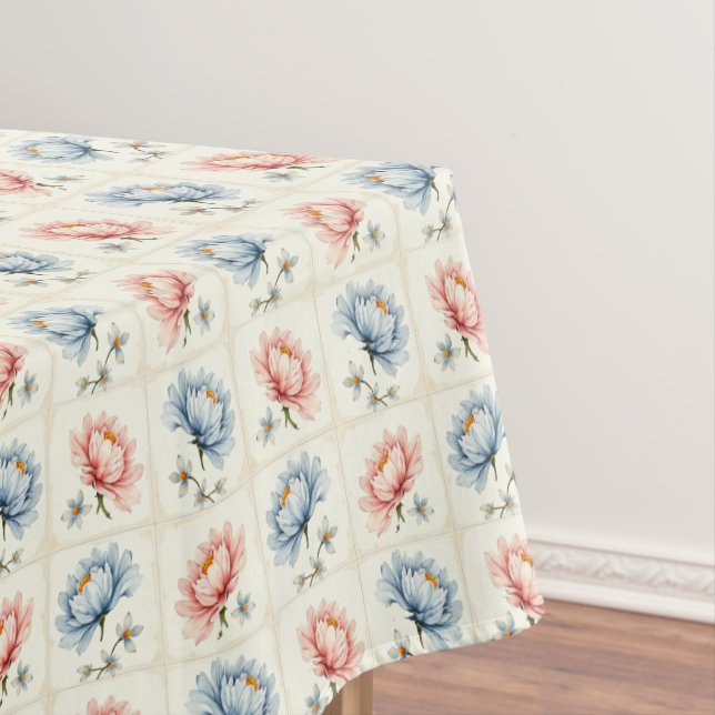 Pink and Blue Flower Squares Tablecloth (In Situ)