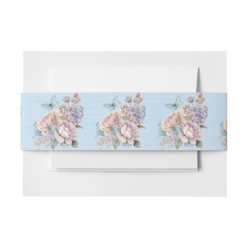 Pink and Blue Flowers and Butterfly Invitation Belly Band