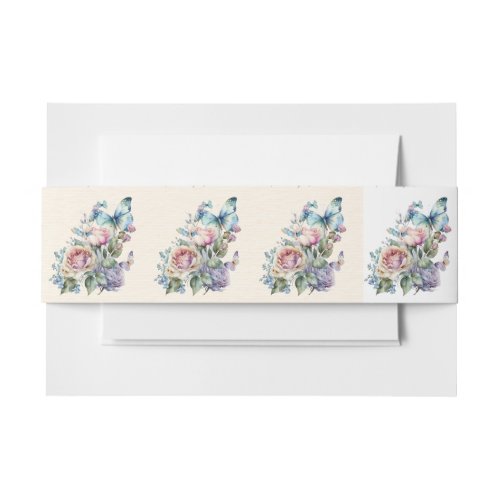 Pink and Blue Flowers and Butterfly Invitation Belly Band