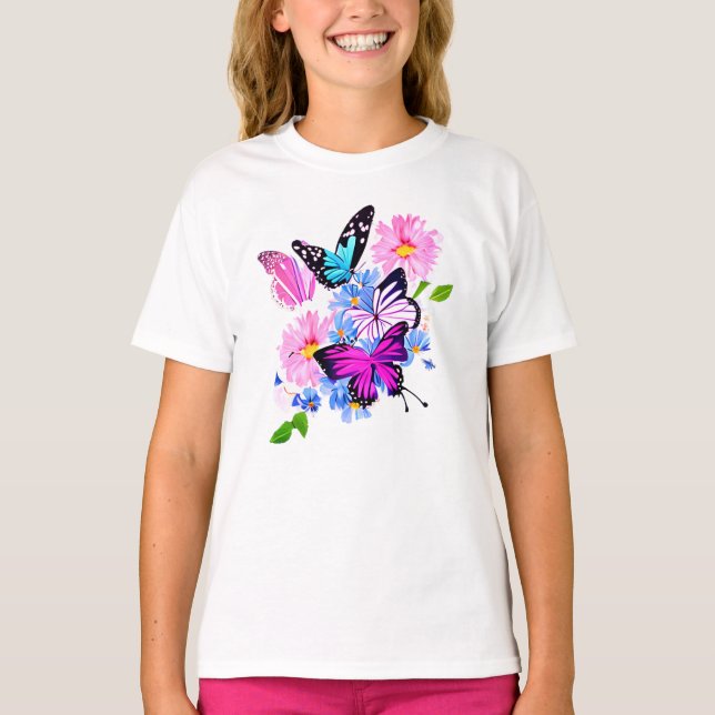 Pink and blue flowers and butterfly T-Shirt (Front)