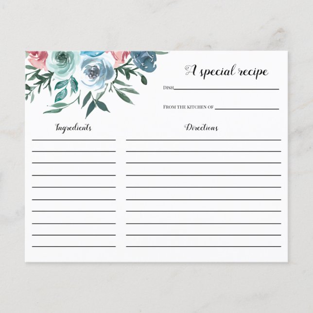 Pink and Blue Flowers Bridal Shower Recipe card (Front)