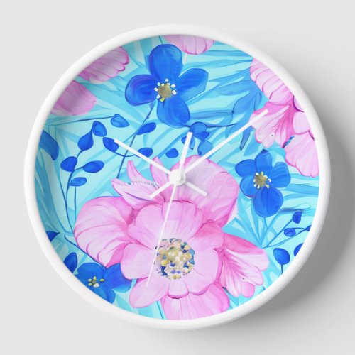 Pink and Blue Flowers Clock