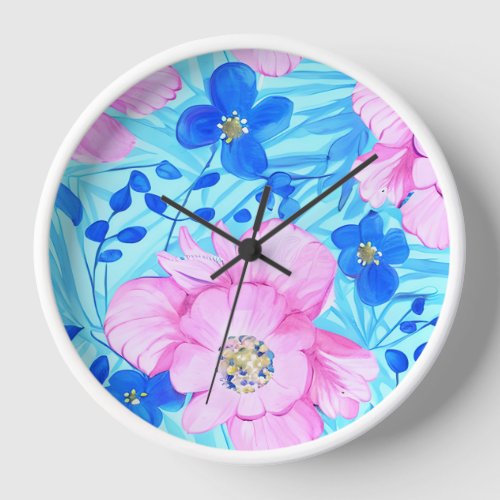 Pink and Blue Flowers Clock