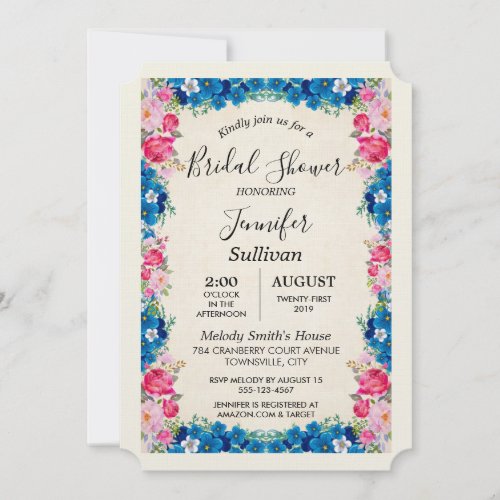 Pink and Blue Flowers Fancy Elegant Bridal Shower Invitation