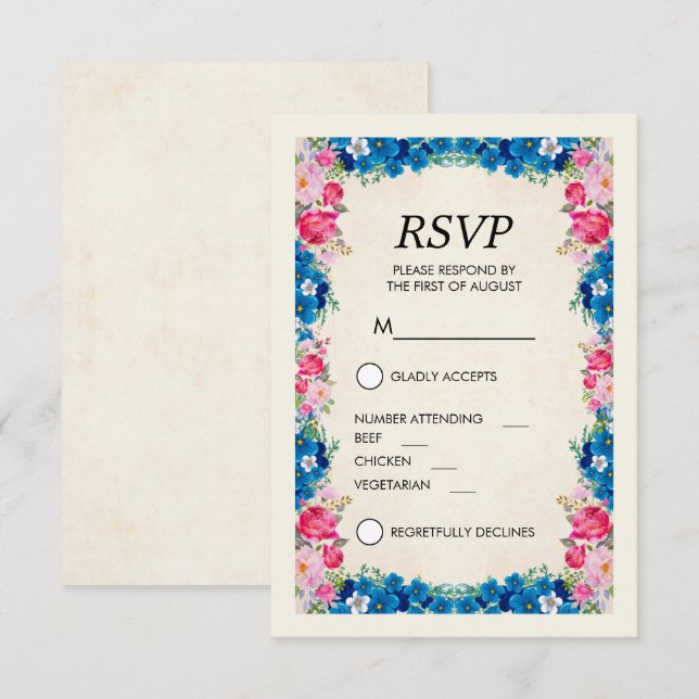 Pink and Blue Flowers Fancy Elegant RSVP Invitation (Front/Back)