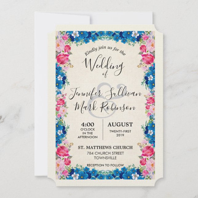 Pink and Blue Flowers Fancy Elegant Wedding Invitation (Front)