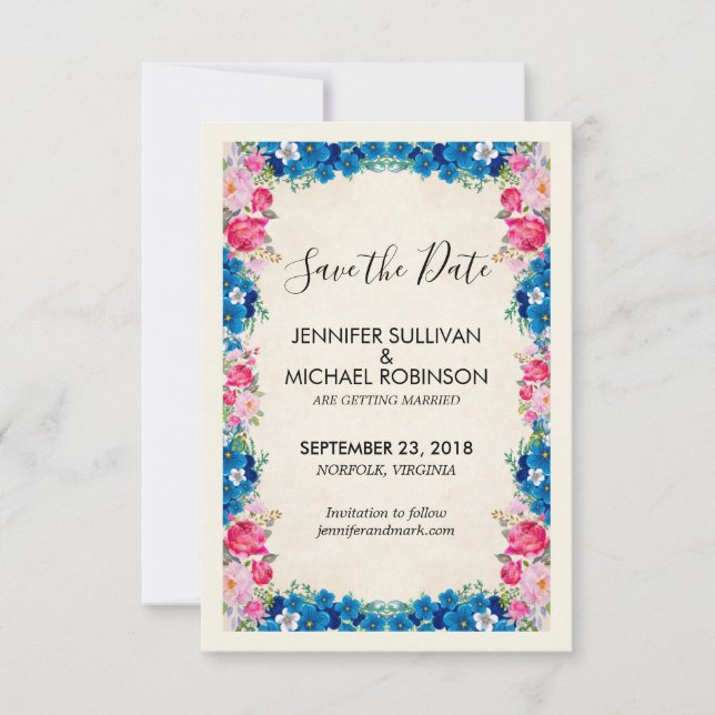 Pink and Blue Flowers Fancy Elegant Wedding Save The Date (Front)