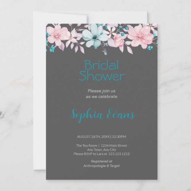 Pink and Blue Flowers Gray Bridal Shower Invitation (Front)
