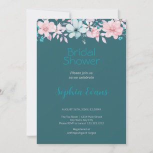 Pink and Blue Flowers Green Bridal Shower Invitation