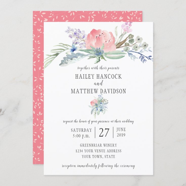 Pink and Blue Flowers Greenery Wedding Invitation | Zazzle