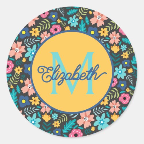 Pink and Blue Flowers on Black Monogram Classic Round Sticker