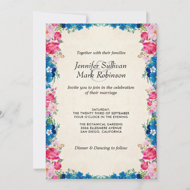 Pink and Blue Flowers on Faux Parchment Wedding Invitation (Front)