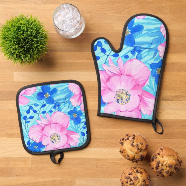 Pink and Blue Flowers  Oven Mitt & Pot Holder Set (Top Down)