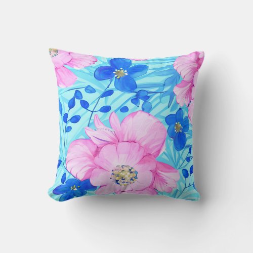 Pink and Blue Flowers Throw Pillow