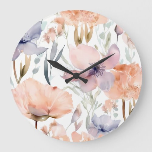 Pink and Blue Flowers watercolor Large Clock